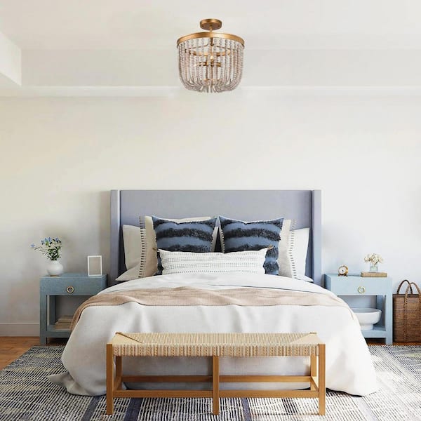 Modern Farmhouse Ceiling Light 4-Light Antique Gold Semi-Flush Mount Light with Weathered White Wood Beads