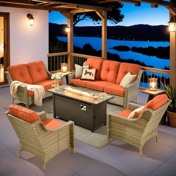 Harpera 5-Piece Wicker Outdoor Patio Conversation Sofa Seating Set with Bold-stripe Orange Red Cushions，Metal Fire Pit