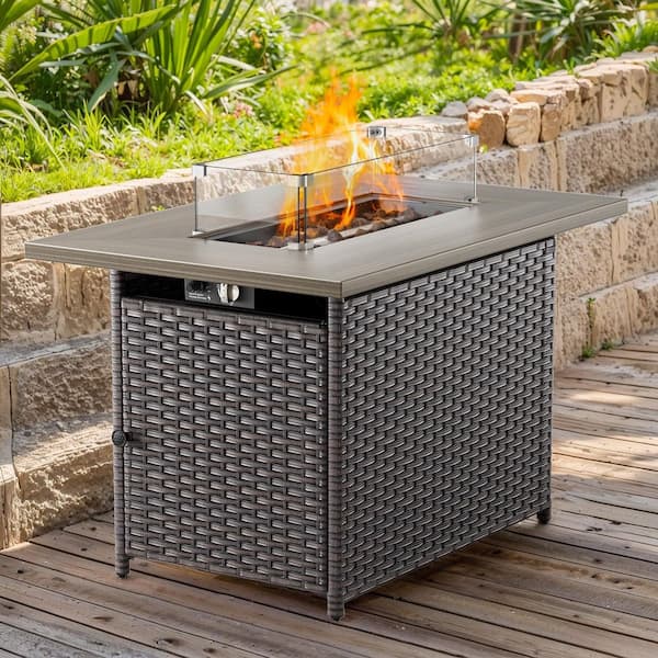 Arcline 41 in. 50000 BTU Rectangle Brown Wicker Outdoor Gas Fire Pit Table with Volcanic Stone