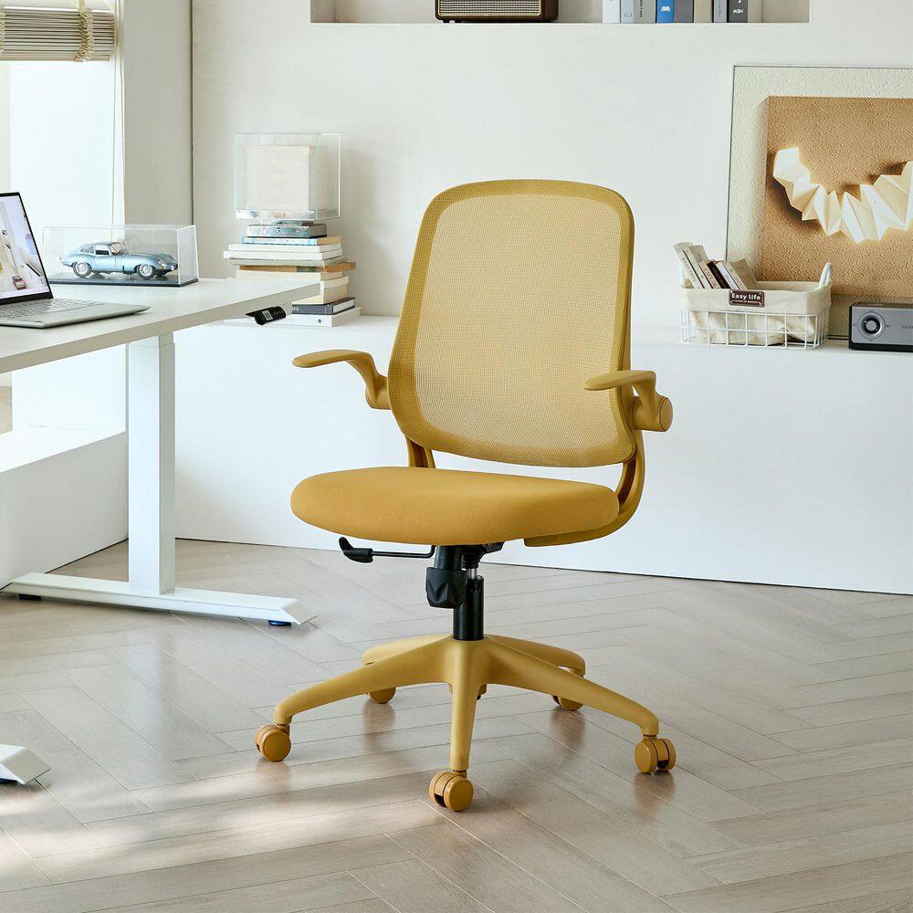 Colorful Nylon Upholstery Mesh Ergonomic Task Chair in Yellow Office Chair with Flip-Up Arms and Rocking Function