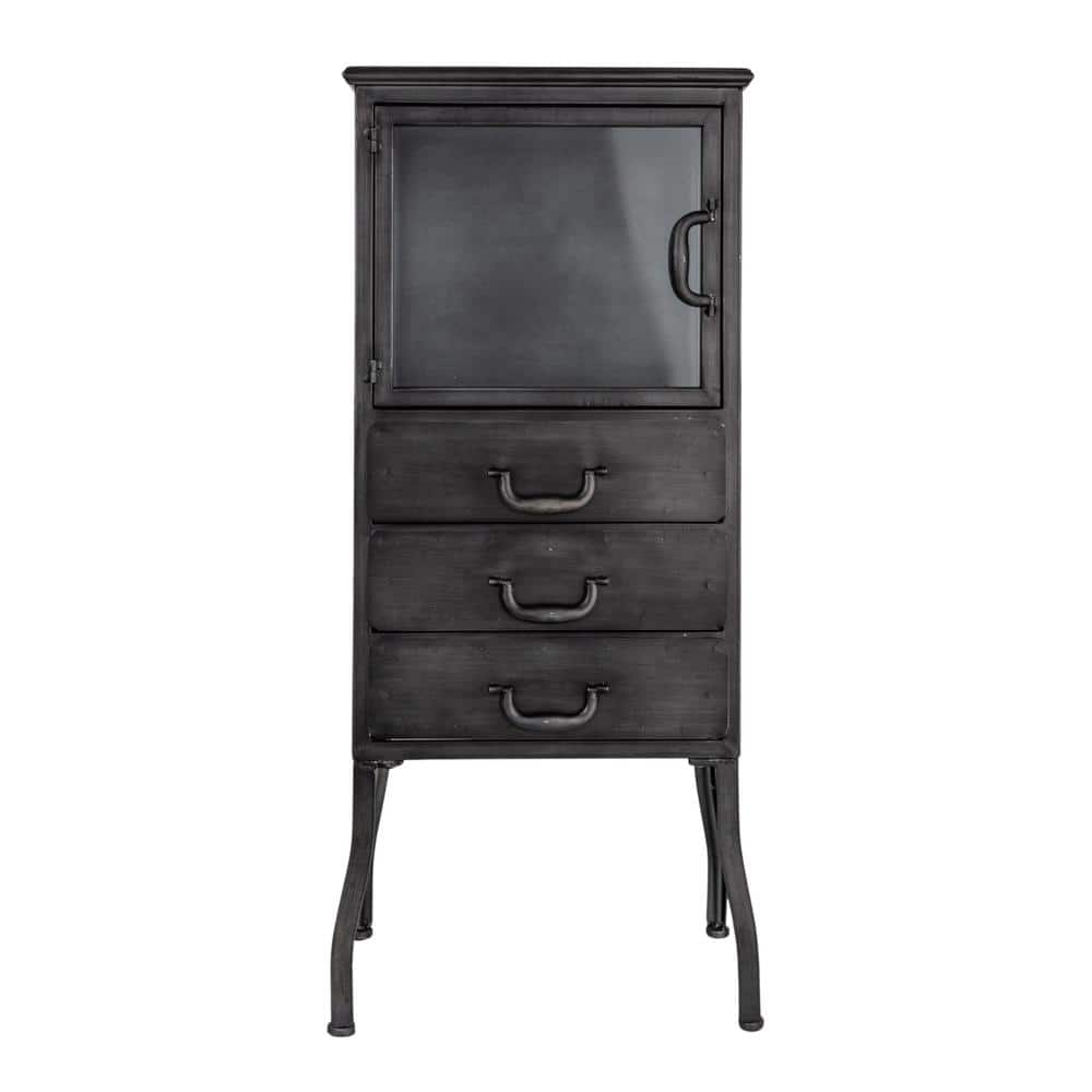 Antique Black Metal and Glass Office Storage Cabinet with 3 Drawers