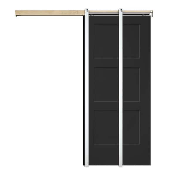CALHOME 30 in. x 80 in. Black Painted Composite MDF 3PANEL Equal Style Sliding Door with Pocket Door Frame and Hardware Kit