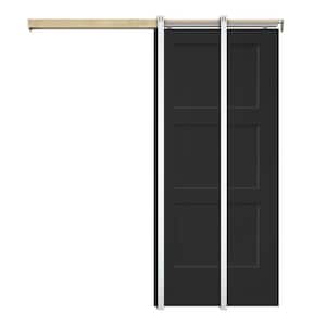 30 in. x 80 in. Black Painted Composite MDF 3PANEL Equal Style Sliding Door with Pocket Door Frame and Hardware Kit