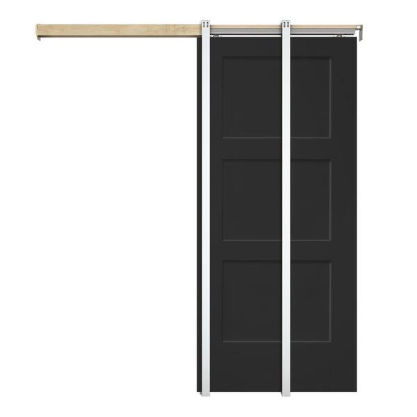 CALHOME 36 in. x 80 in. Black Painted Composite MDF 3PANEL Equal Style Sliding Door with Pocket