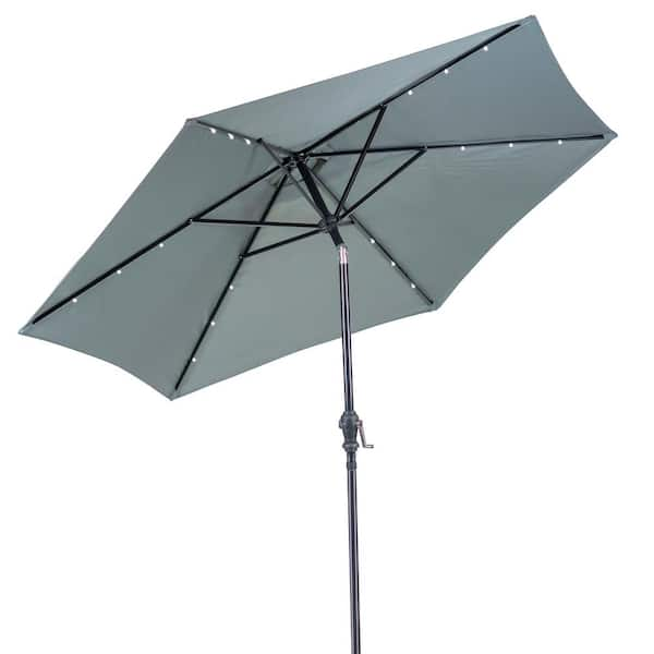 9 ft. Round Solar Lighted Market Patio Umbrella in Grey