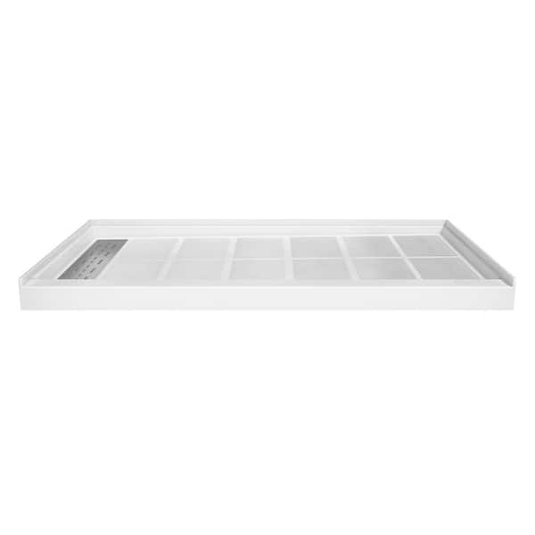 60 in. L x 32 in. W Single Threshold Alcove Solid Surface Shower Pan Base with Left Drain in White