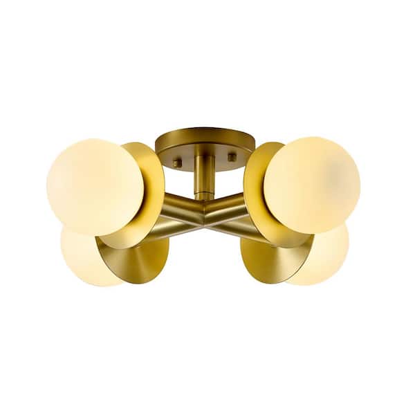 Unbranded 4-Light 18 in. Satin Brass Flush Mount With White Frosted Glass Globe Shades