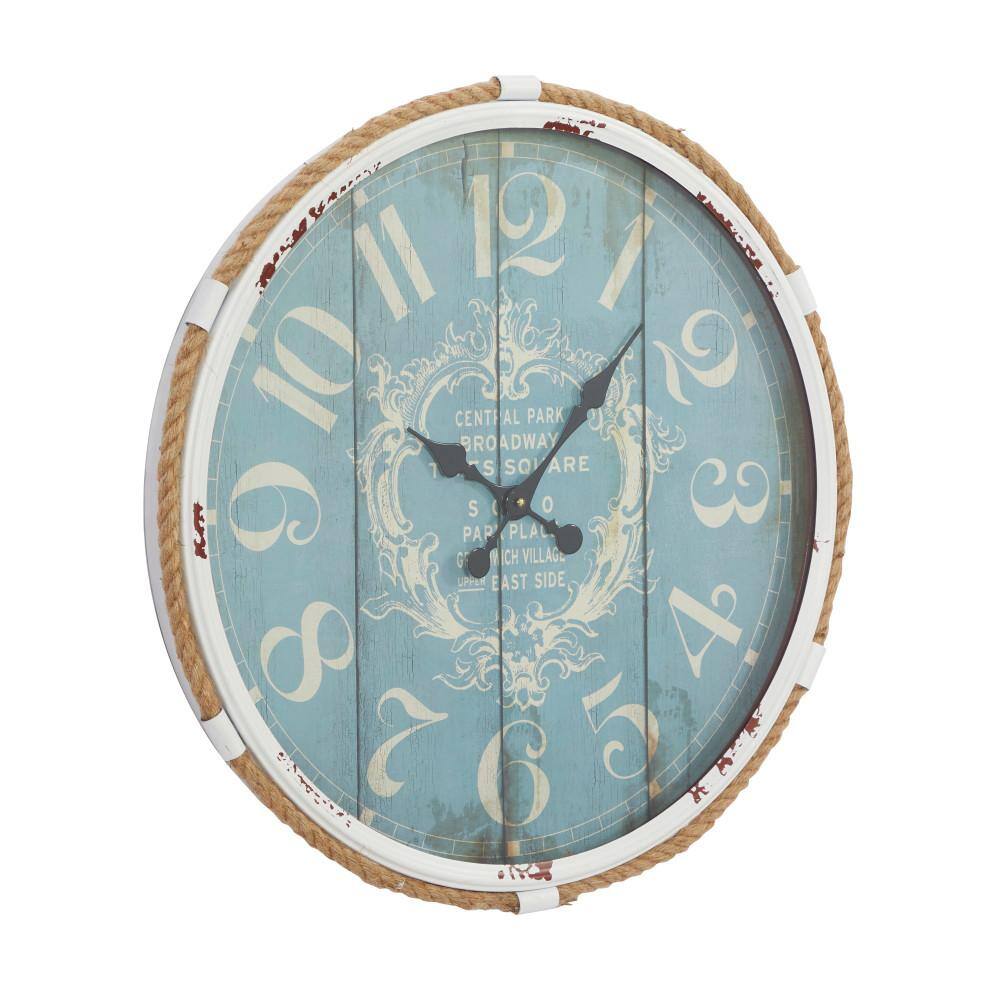 Coastal Blue and White Round Metal Wall Clock with Rope Accent, 25"