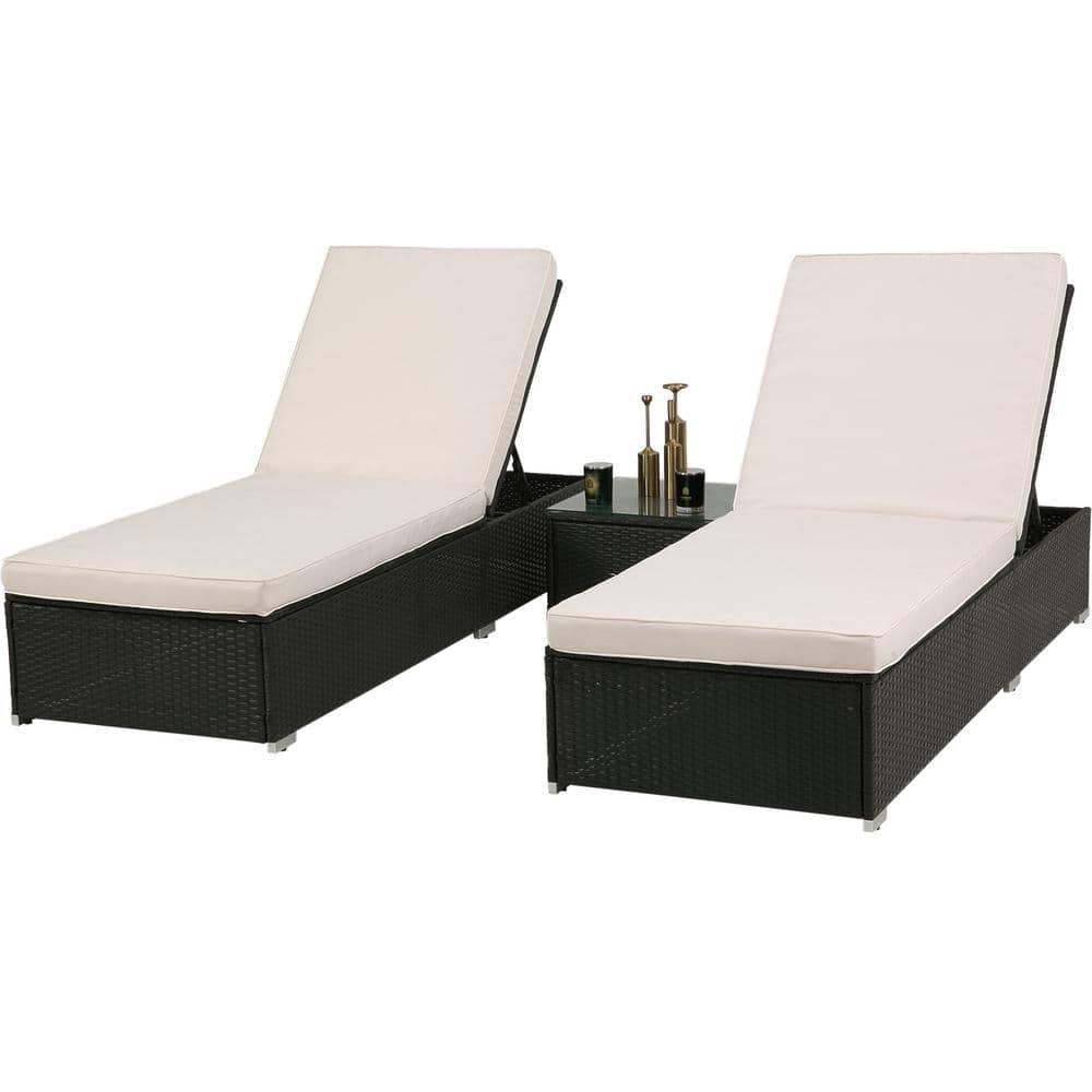 Dark Coffee 3-Pieces Wicker Outdoor Chaise Lounge Patio Lounge Chair Sets w