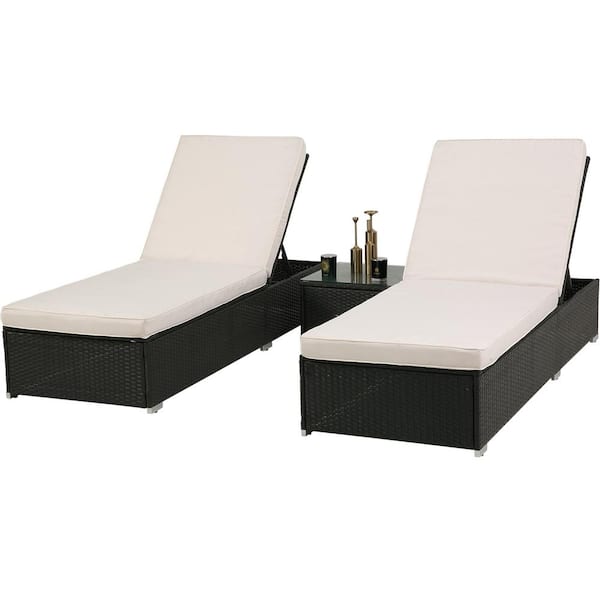Unbranded Dark Coffee 3-Pieces Wicker Outdoor Chaise Lounge Patio Lounge Chair Sets with Beige Cushions