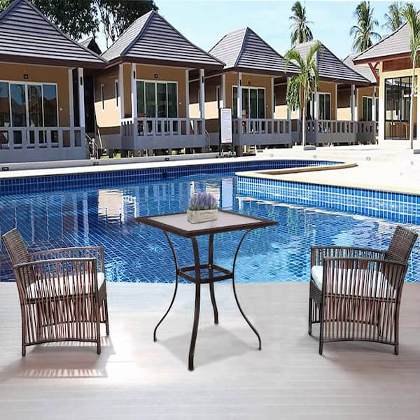 Mix Brown Metal Outdoor Bistro Table with Umbrella Hole Patio Table