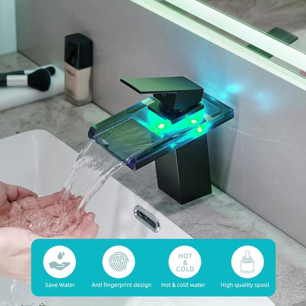 Single Handle Single Hole Bathroom Faucet LED Light 3 Colors Change Waterfall Glass Spout Hot Cold in Black