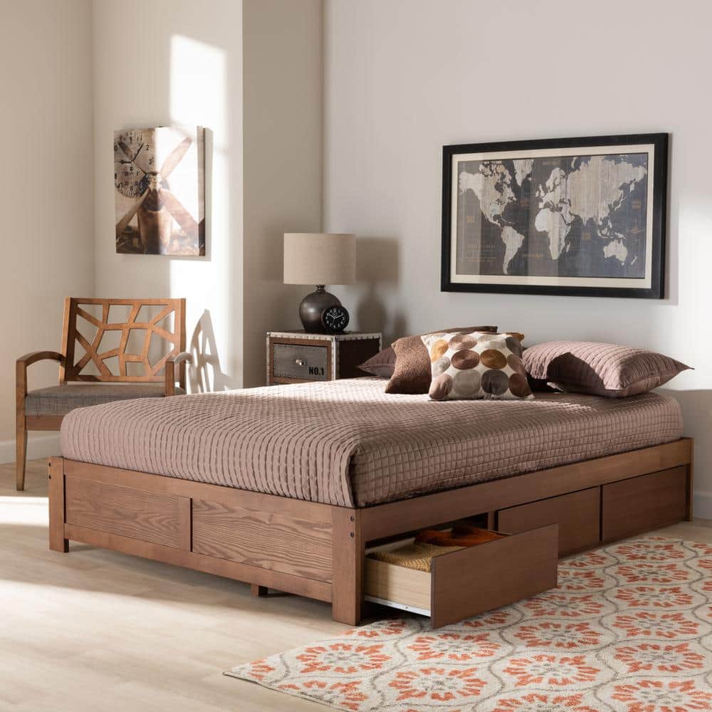 Candice Walnut Queen Platform Bed with 3 Storage Drawers