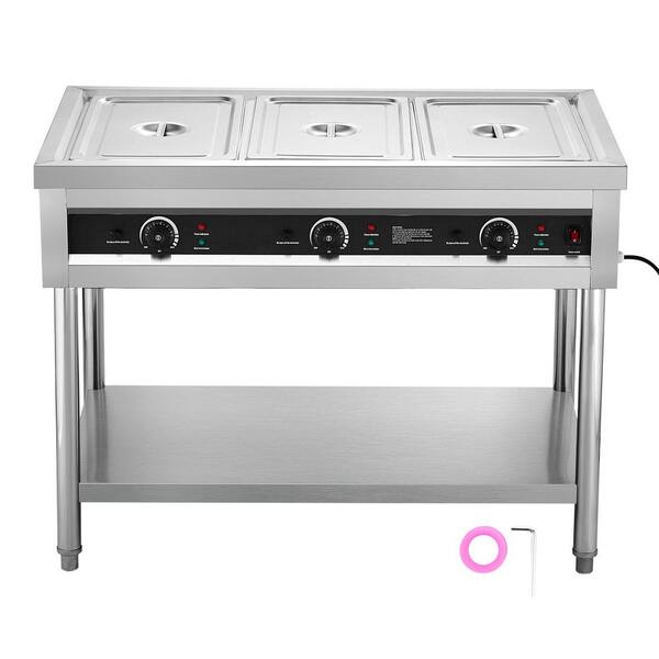 3-Pan Electric Food Warmer, 450 Watt x 3 Stainless Steel Steam Table with Independent Temp Control and Undershelf