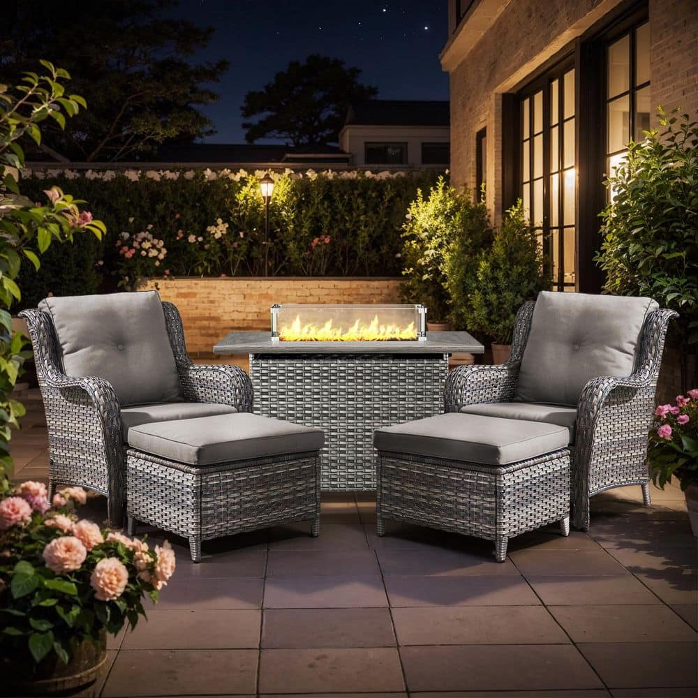 Arcline 5-Piece Gray Wicker Fire Pit Conversation Set with Olefin Gray Cushions and Lounge Chairs and Ottoman price history on PriceWatchPro