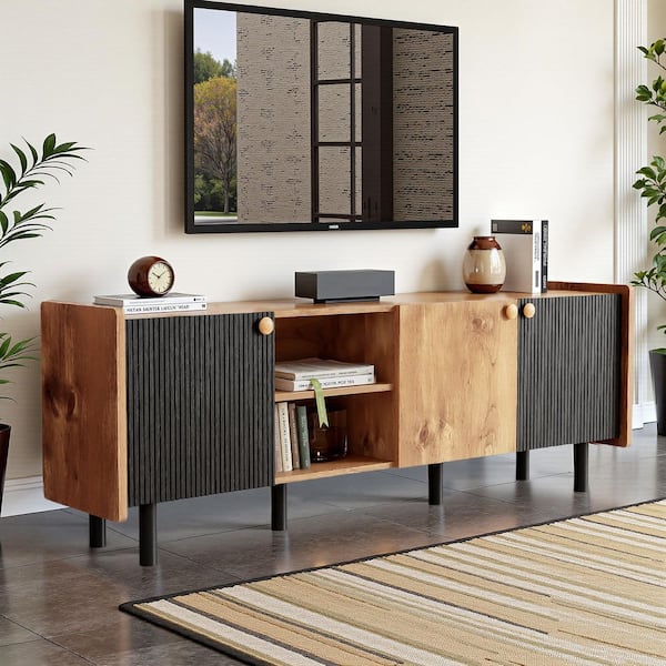 SPRUCE & SPRING Brown and Black TV Stand Fits TVs Up to 70 in. with 3 Cabinets, Entertainment Center with Storage for Livingroom,Bedroom
