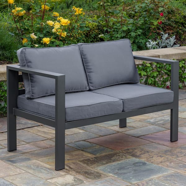 Home Decorators Collection Aluminum Outdoor Loveseat with CushionGuard Plus Charcoal Cushions