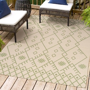 Boho Moroccan Beige/Green 8 ft. x 10 ft. Indoor/Outdoor Area Rug