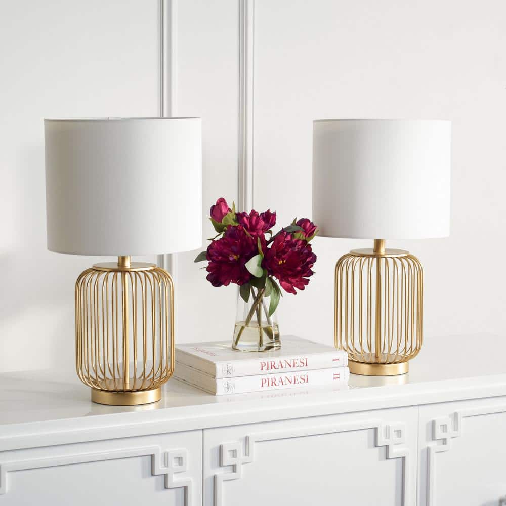 Portlia 21.3" Gold Metal Table Lamp Set with White Shades