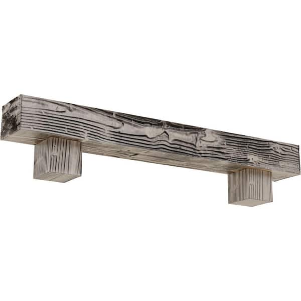 Ekena Millwork 8 in. x 12 in. x 3 ft. Sandblasted Faux Wood Fireplace Mantel Kit with Alamo Corbels, Burnished Pine