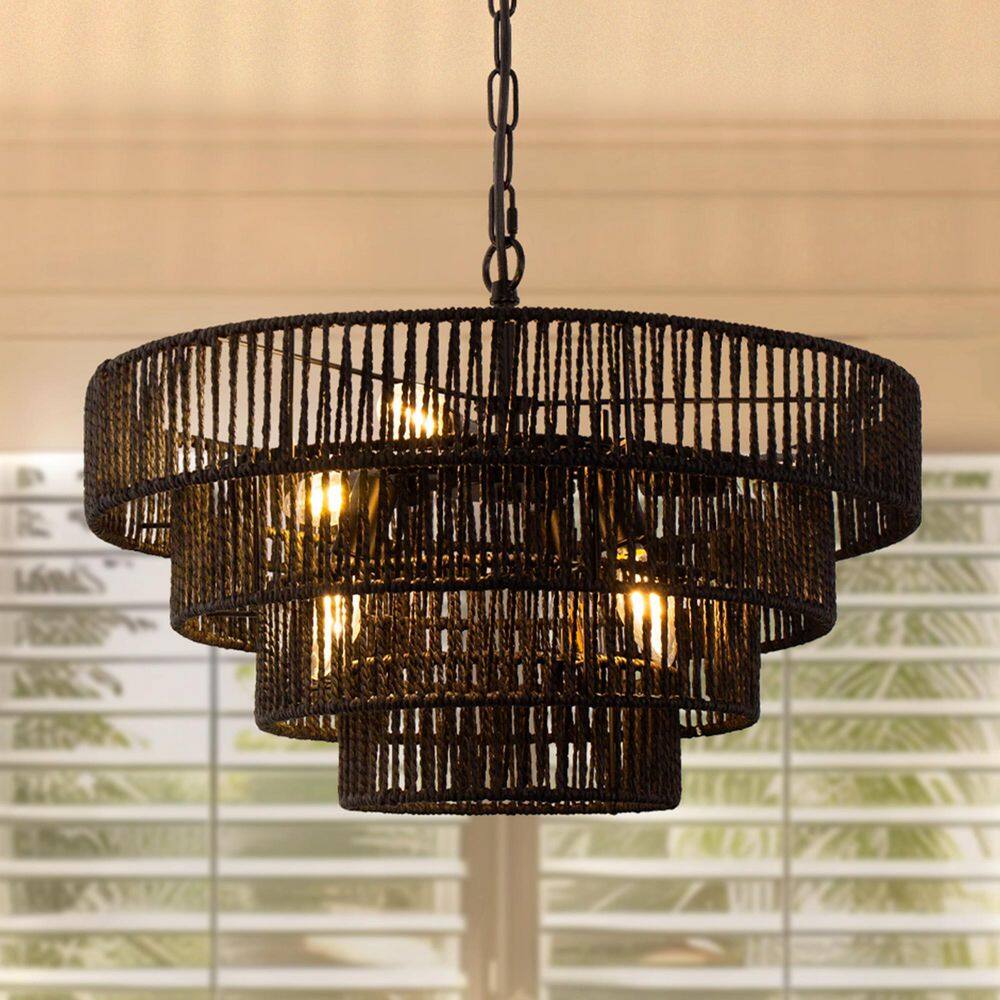 20-inch Black Rattan 6-Light Geometric Pendant Chandelier