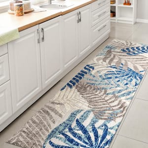 Tropics Palm Leaves Gray/Blue 2 ft. x 10 ft. Indoor/Outdoor Runner Rug