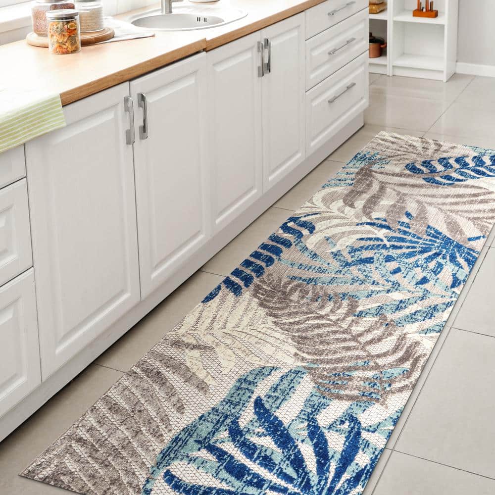 Gray and Blue Tropical Palm Leaves Synthetic Runner Rug