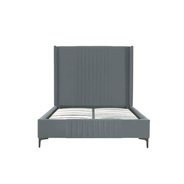 Manhattan Comfort Promenade Gray Mid-Century Modern Velvet Upholstered Wood Frame Full Platform Bed