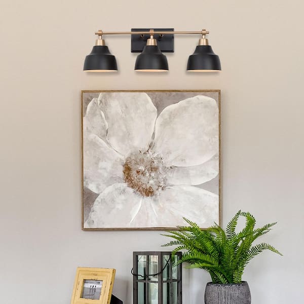 24.5 in. 3-Light Modern Black Bell Vanity Light, Gold Bathroom Light Fixture, Wall Sconce with White Inner Metal Shades