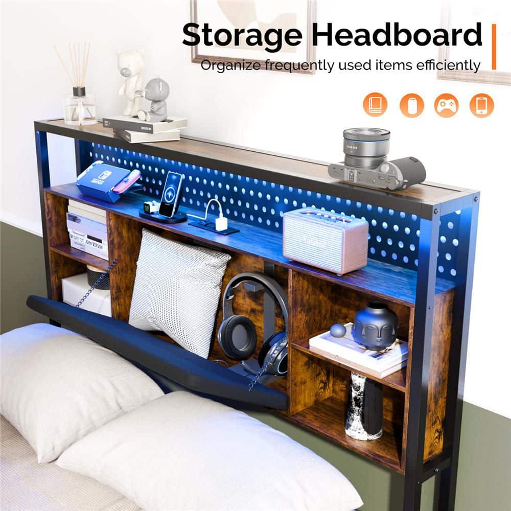 Multi-Colored Metal Frame King Size Platform Bed Floating Bed with LED Light and Charging Station Upholstered Headboard - thumbnail 5
