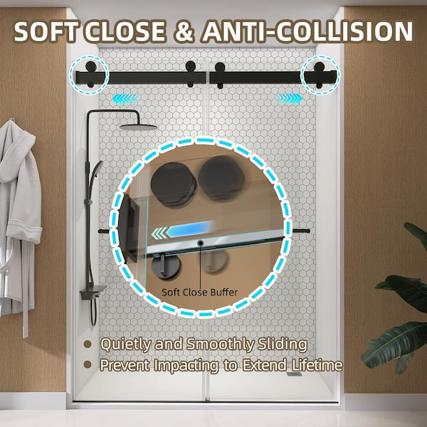 NTQ 60 in. W x 79 in. H Soft-Close Frameless Double Sliding Alcove Glass Shower Door in Matte Black 3/8 in. Tempered Glass