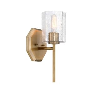 Haven 7 in. 1-Light Old Satin Brass Wall Sconce Light with Clear Rippled Glass Shades for Bathrooms