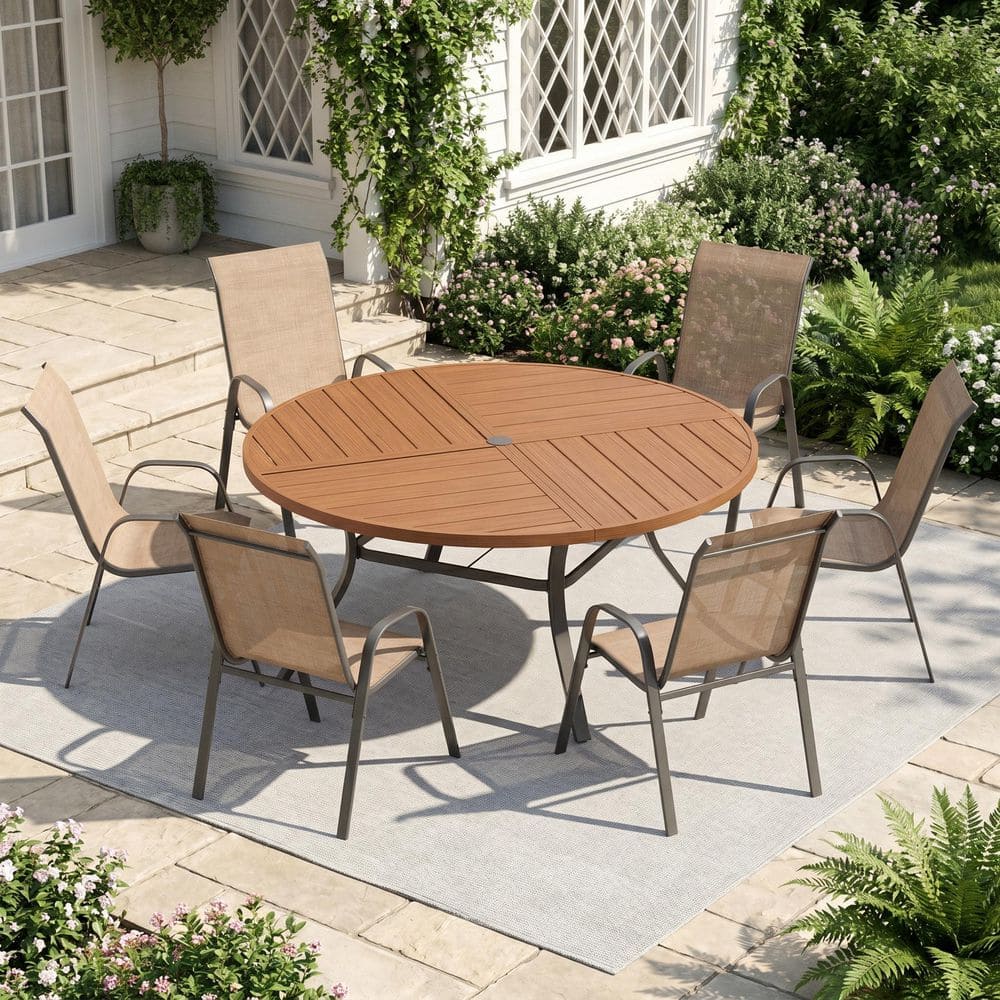 7-Piece Metal Outdoor Dining Set with 50 in. Walnut Round Patio Table and 6 Stackable Textilene Chairs in Brown Fabric price history on PriceWatchPro