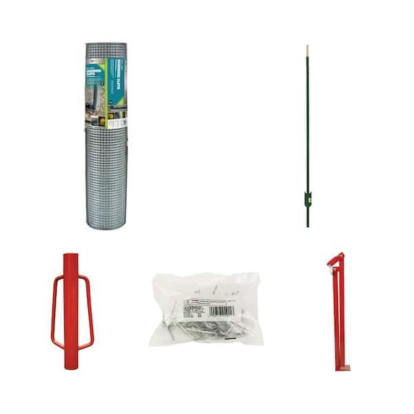 1/2 in. x 2 ft. x 50 ft. Hardware Cloth, 5 ft. Steel T-Post, Post Driver, Clips (25 per Bag) and Post Puller