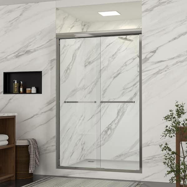 LORDEAR 48 in. W x 76 in. H Semi-Frameless Sliding Alcove Shower Door in Chrome with Clear Glass