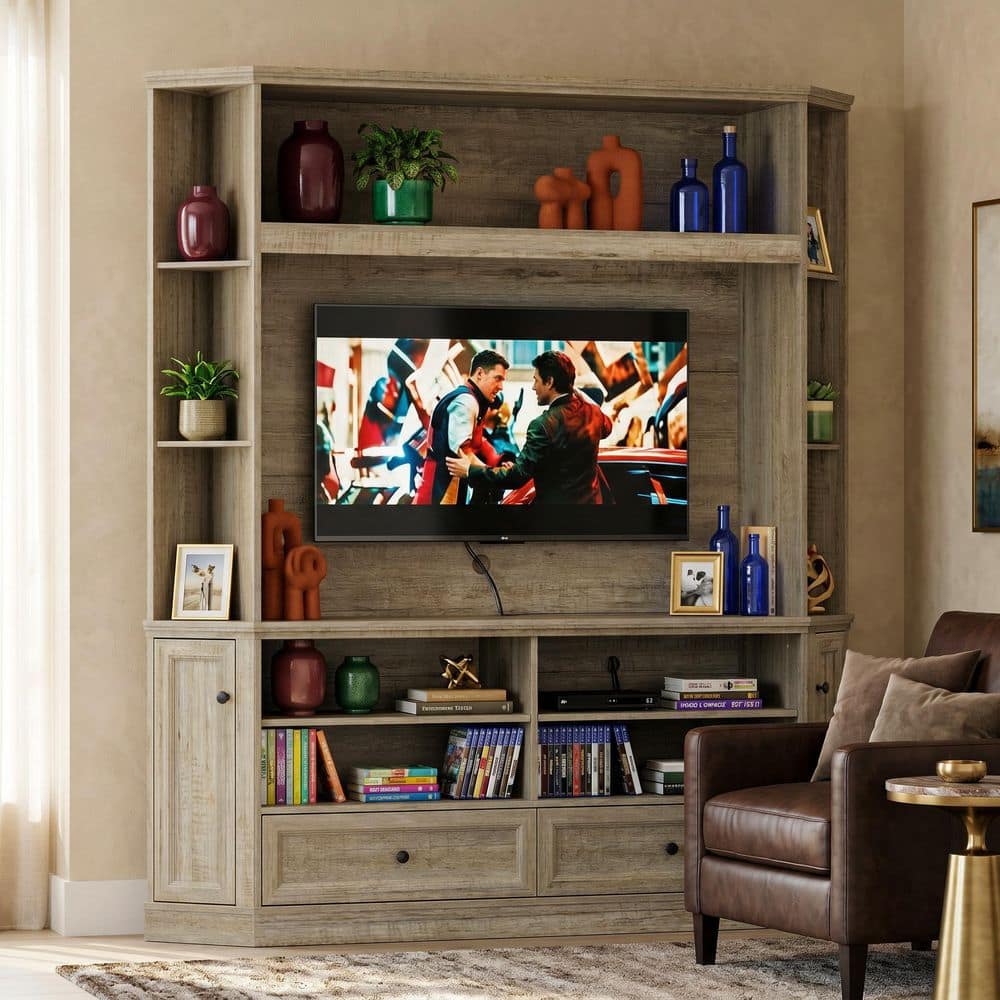 Gray Wood Grain Entertainment Center, TV Stand Fits TVs up to 55 in. with 2-Drawers Adjustable Shelf and Cable Holes