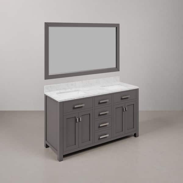 Madison 60 in.W x 21.5 in.D x 34 in.H Double Sink Bath Vanity in Cashmere Grey with Carrara White Marble Top and Mirror