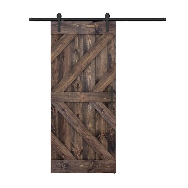 Dessliy Triple KL 42 in. x 84 in. Dark Brown Finished Pine Wood Sliding Barn Door with Hardware Kit (DIY)