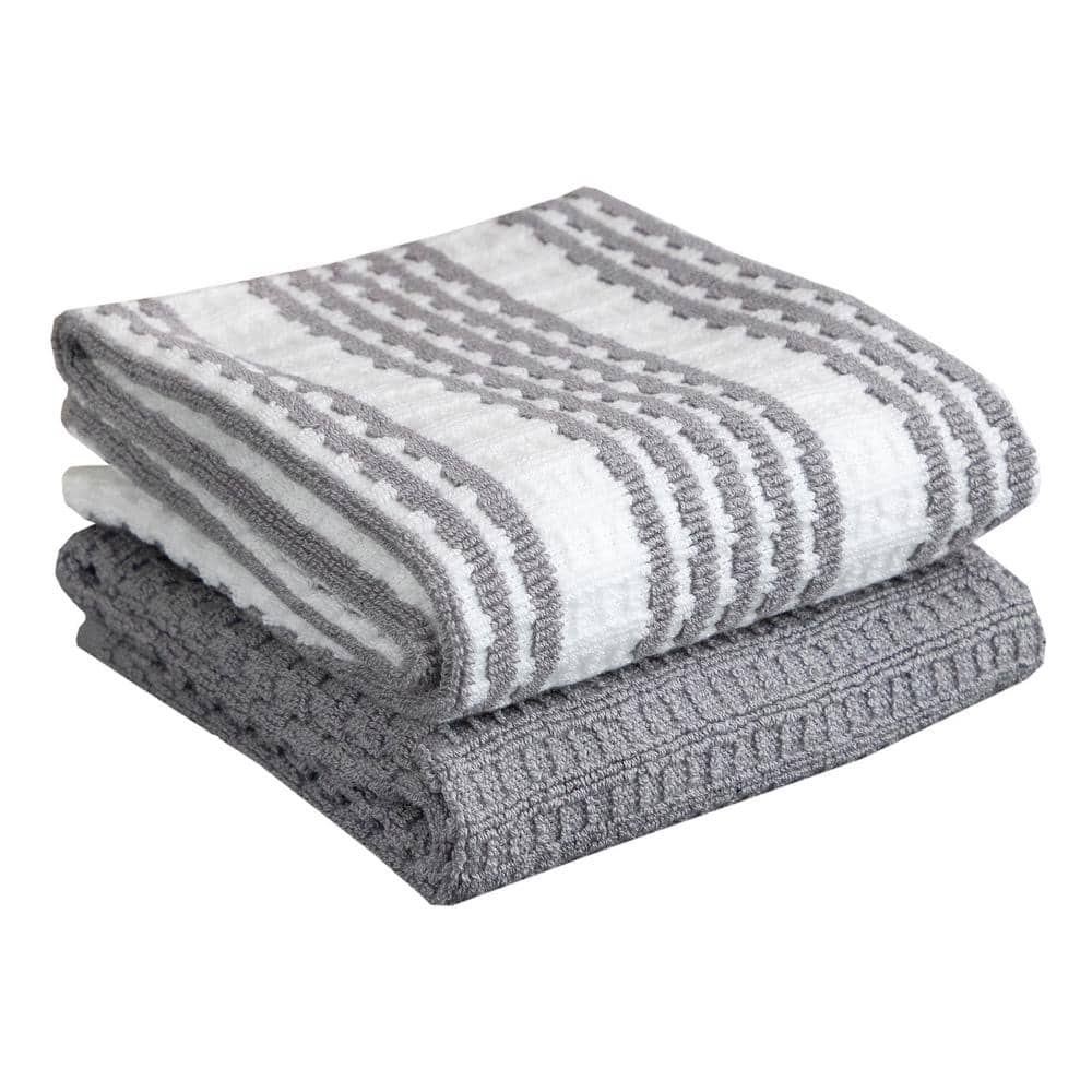 T-fal Gray Solid and Stripe Waffle Cotton Kitchen Towel Set of 2 94654 -  The Home Depot