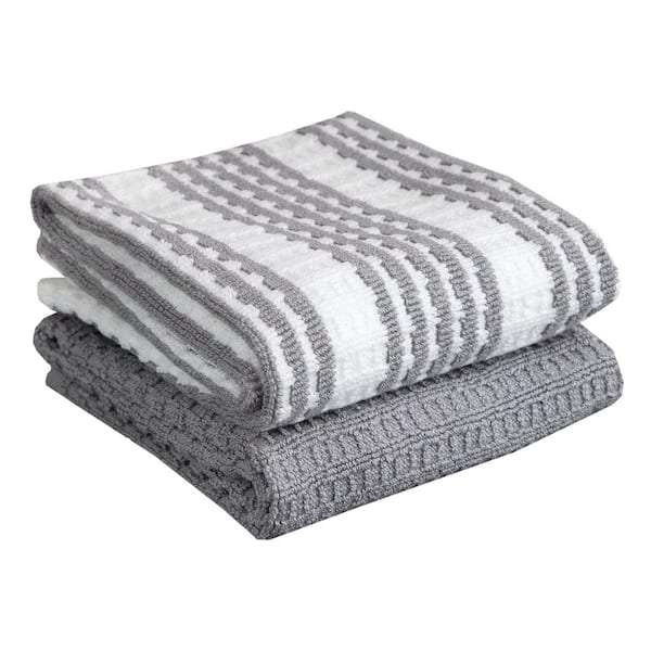 Gray Solid and Stripe Waffle Cotton Kitchen Towel Set of 2