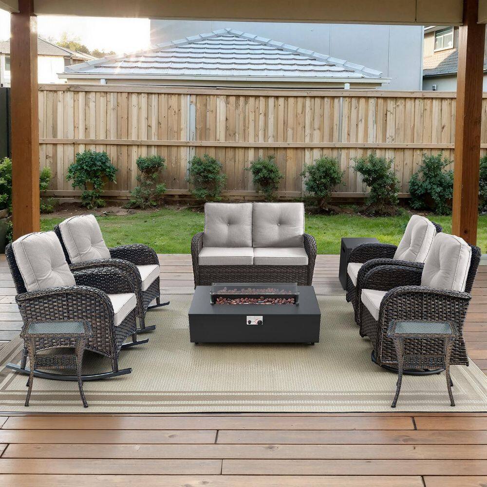 Brown 10-Piece Wicker Patio Fire Pit Set, Outdoor Loveseat Glider Seating Set with Olefin Beige Cushions price history on PriceWatchPro