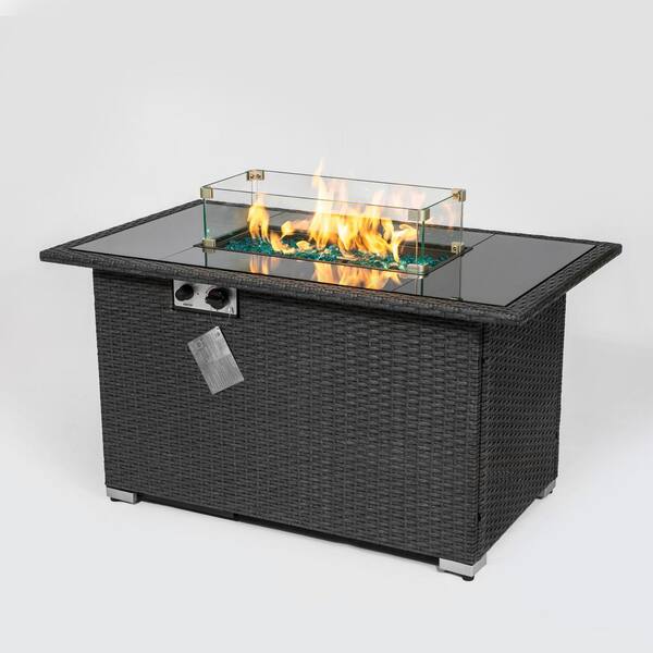 Nestfair Rectangle Wicker Fire Pit Table with 8 mm Tempered Glass and ...