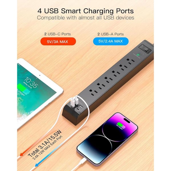 EKIEUDL - 6-Outlet Power Strip Surge Protector with 4 USB Port 5 ft. Extension Cord, Wall Mount in Black