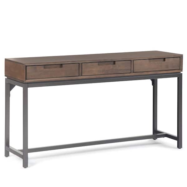 Simpli Home Banting Solid Hardwood and Metal 54 in. Wide Industrial Wide Console Table in Walnut Brown
