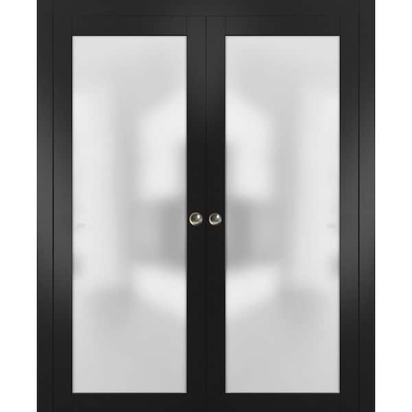 84 in. x 96 in. 2 Panel Black Matte Finished Solid Wood Sliding Door with Hardware