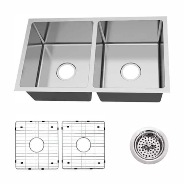 31 in. 50/50 Double Bowl 18 Gauge Undermount Tiny Radius Stainless Steel Kitchen Sink Package with Accessories