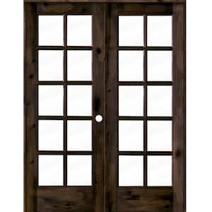 56 in. x 80 in. Knotty Alder Left-Handed 10-Lite Clear Glass Black Stain Wood Double Prehung French Door