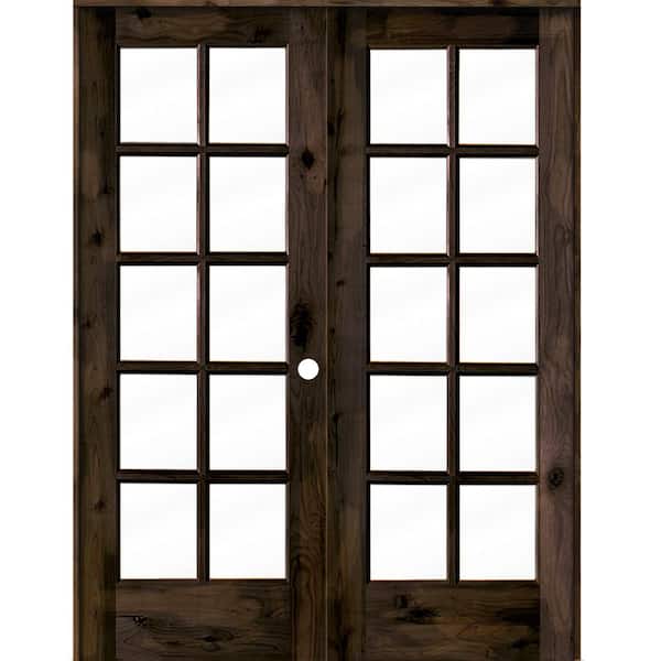 Krosswood Doors 64 in. x 80 in. Knotty Alder Left-Handed 10-Lite Clear Glass Black Stain Wood Double Prehung French Door
