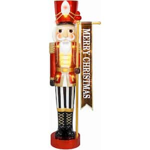 4-ft. Prelit Metallic Christmas Nutcracker Holding Banner with LED Lights, 3D Light up Resin Decoration