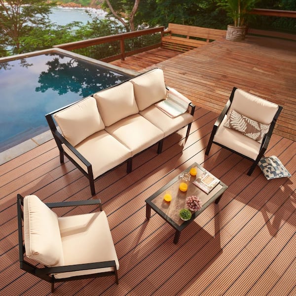 Patio Festival X-Back 6-Piece Metal Patio Conversation Seating Set with Beige Cushions